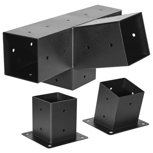 VEVOR Pergola Kit, 4x4 Inch 4-Way Slanted Bracket for 3.5x3.5 Inch Wood Beams in Actual Size, Carbon Steel Pergola Bracket with Post Base and Wall Mount Base, for Outdoor Pergolas, Gazebos, Sheds - size: 1PC 15°4-Way+1PC Wall Mount Base 4*4 SET