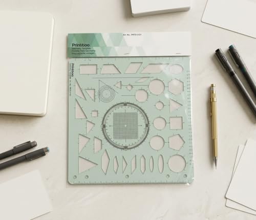 Printtoo 2 mm Thick Geometry Template Ruler, Transparent Green Acrylic Drafting Stencil with Circle, Triangle, Square & Polygon Shapes, Metric Scale for Engineering & Design - color: Series-PRTD-2121A