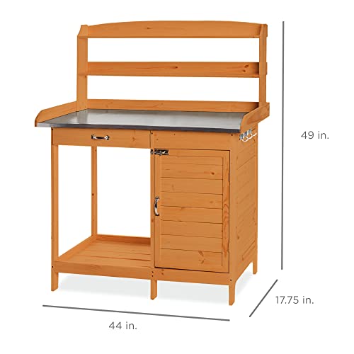Best Choice Products Outdoor Garden Wooden Potting Bench Work Station w/Metal Table Top, Pre-Stained Finish, Cabinet, Sliding Drawer, Large Bottom Shelf - Brown