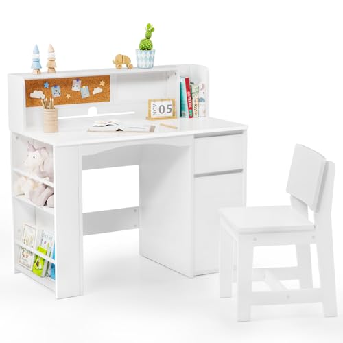 JOYMOR Kids Desk and Chair Set with Bookshelf, Kids Study Desk with Chair with Storage Cabinet, Student Writing Table for Study & Crafts, Student Computer Workstation for 5-12 Years Old, White
