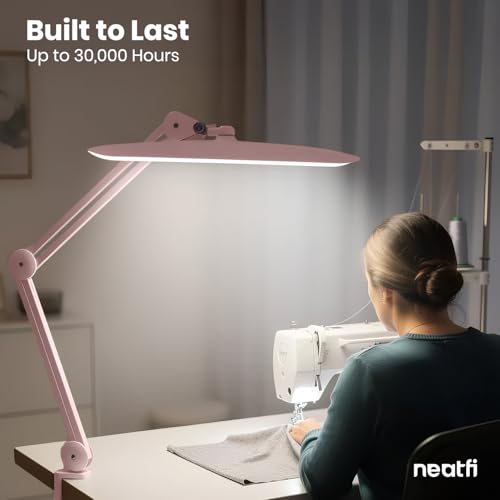Neatfi XL 2200 Lumens 24W LED Desk Lamp – Shadow-Free Task Lighting | 4-Level Dimming | Home Office & Crafts Use | 20-Inch Wide Head (Rose Gold, Non-CCT with Clamp) - color: Rose Gold, size: Non-CCT with Clamp