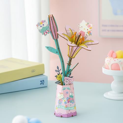 Hands Craft Hello Kitty and Friends Keroppi & Hello Kitty – Lily 3D Wooden Flower Puzzle Kit – Official Sanrio DIY Model Craft, Kawaii Flower Decor & Collectible Gift for Ages 8+ - color: Keroppi & Hello Kitty – Lily
