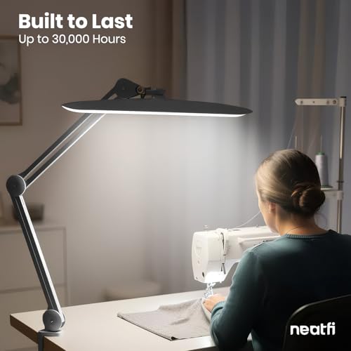 Neatfi XL 2200 Lumens 24W LED Desk Lamp – Shadow-Free Task Lighting | 4-Level Dimming | Home Office & Crafts Use | 20-Inch Wide Head (Space Gray, Non-CCT with Clamp) - color: Space Gray, size: Non-CCT with Clamp