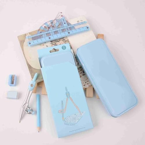 8Pcs Geometry Drawing Kit Multifunctional Easy to Use Math Tools with Compass, Protractor and Rulers in Metal Storage Box(Blue) - color: Blue