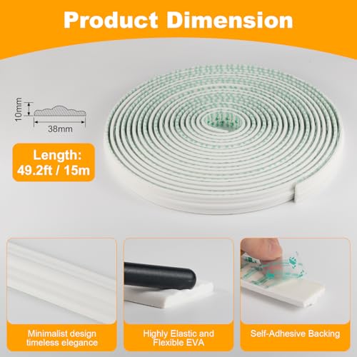 Peel and Stick Wall Molding Kit, 49.2FT x 1.50" Wide EVA Flexible Trim for Interior Walls Projects, Self-Adhesive Paintable Crown Molding for Wainscoting Panels and Large Decorative Wall Panels - size: 49.2FT x 1.5'' W
