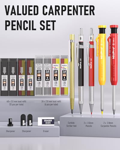 Nicpro 18 Pack Carpenter Pencil Set with Sharpener, Mechanical Carpenter Pencils with 76 Refills and Carbide Scribe Tool, Deep Hole Marker, Heavy Duty Construction Pencil for Architect-With Case - style: Set 2