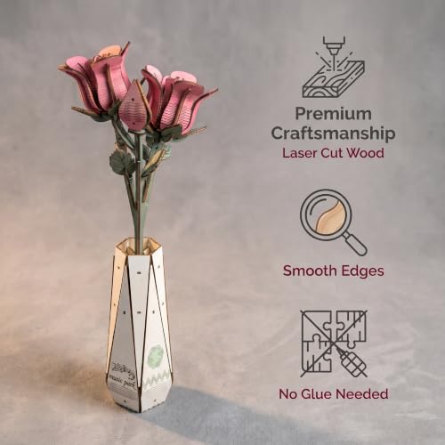 Music Park 3D Wooden Puzzle Rose Flower for Home Desktop Decor - color: Rose