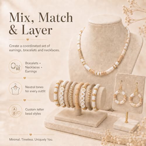 Believo 24-Grid DIY Clay Beads Bracelet Kit - 4 Soft Beige Colors Polymer Clay Beads + Golden Spacer Beads & Alphabet Beads + 5m Elastic Cord for Jewelry Making, Friendship Bracelets & Gift Crafts - color: Beige