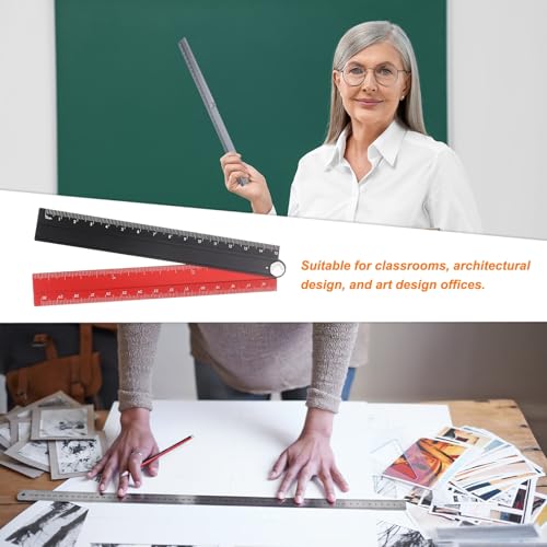 Generic Folding and Straight Ruler Kit 30/15cm Metric Aluminum Alloy Protractor Foldable Angle Wave Edge Ruler with Hollow Circle for Home Classroom Office, Black-Red - color: Black-Red