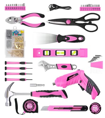 DOWELL Pink Tool Set with 3.6V Cordless Screwdriver Tool Kit, 143 Pcs - size: 143 Pcs
