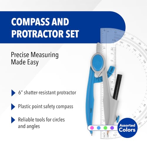 Westcott Compass and Protractor Math and Geometry Set, Essential School Supplies, Plastic Compass for Circles Up to 13-Inches, Back to School, Classroom, School Supplies, 6-Inch Protractor, Assorted Colors