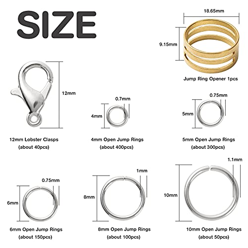 Handyman Crafts Jump Rings Kit With1000PCS Open Jump Rings 40PCS 12mm Lobster Clasps and Jump Rings Opener for Jewelry Making Keychains and Necklace Repair (Sliver) - color: Sliver
