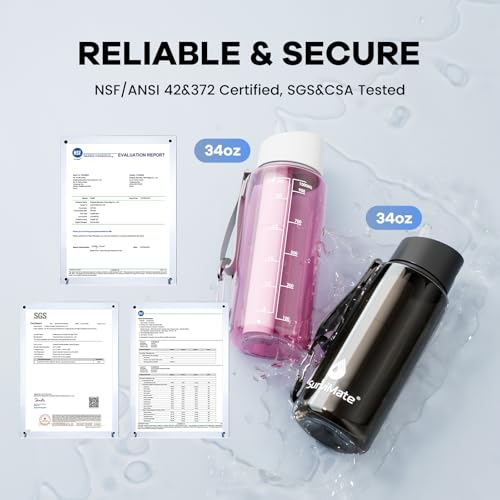 SurviMate Purified Water Bottle for Camping, Hiking, Backpacking and Travel, BPA Free with 5-Stage Intergrated Filter Straw - color: Black Pink, size: 34 Ounces
