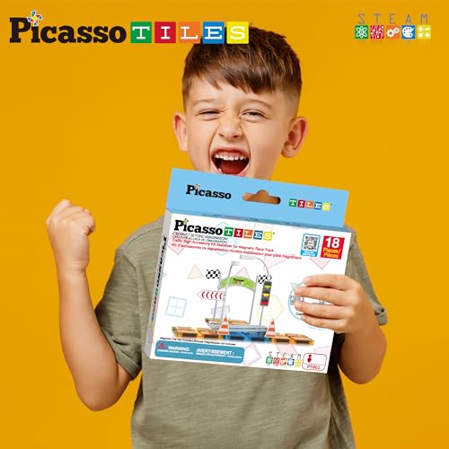 PicassoTiles Magnet Tile Compatible Building Race Track Kit Traffic Sign Accessory Stabilizers with Sticker Set STEM Educational Magnets Toddler Racecourse Structure Blocks Add On Ages 3+ PTR01 - color: 18 Pcs Traffic Sign