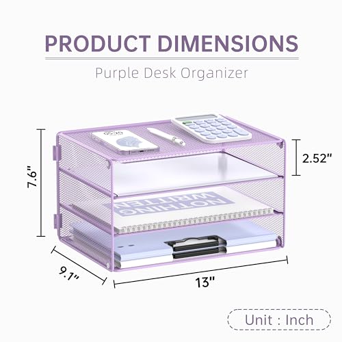 DALTACK 3 Tier Letter Tray Paper Organizer with Sliding Mesh Trays Purple - color: Purple