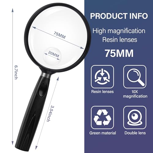 Feosky Handheld Reading Magnifier, 10X Magnifier, 75mm Shatterproof Lens, Non-Slip Handle for Adults Close Work, Seniors Reading and Nature Exploration, Hobby Observation (Black) - color: Black, size: 75mm
