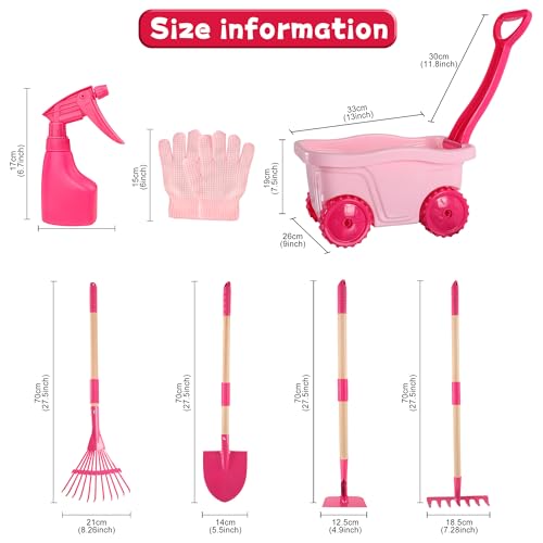 Duckura Kids Gardening Set with Wheelbarrow, Metal Garden Tools for Girls - color: Pink-8pcs