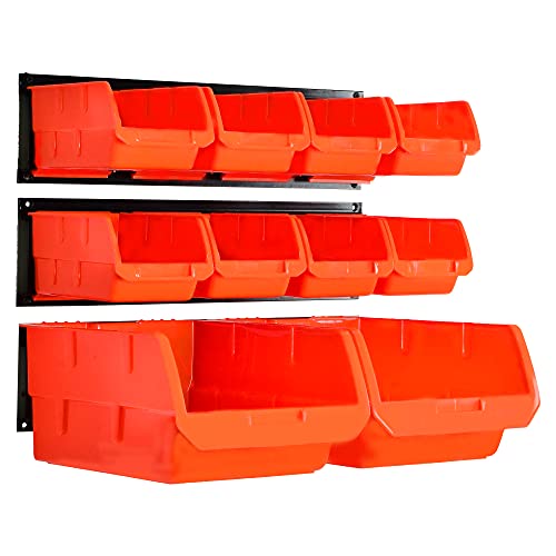 Wallmaster 10-Bin Wall Mounted Plastic Storage Bins Hanging Organizer Bins - color: Orange, size: 10Bins+3Rails