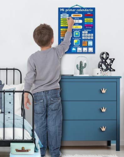 Fridge Magic Magnetic My First Learning Calendar in Spanish. Rigid Board 16" x 13", 40 x 32cm with Hanging Loop. Move Magnets Daily to Show Day, Date, Month, Season and Weather - color: Blue (Spanish)