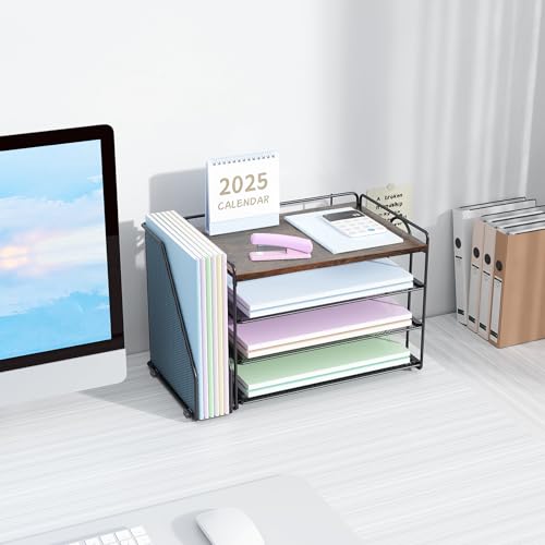 Spacrea 4 Tier Paper Organizer for Desk with File Organizer - color: Wood