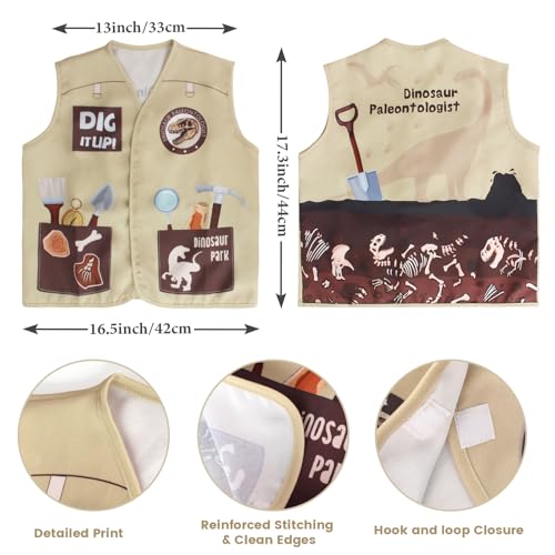 Kyson Kids Dinosaur Paleontologist Costume Explorer Hat Vest Zoo Keeper Outfit Accessories for Dino Jungle Safari Theme Party - color: Khaki