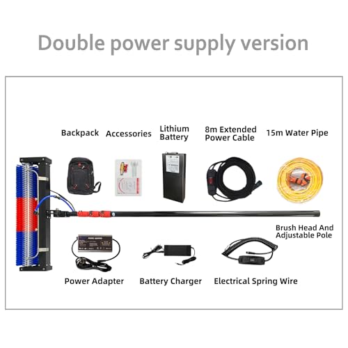 Solar Panel Cleaning Roller Brush, 24FT Adjustable Window Cleaning Brush and Pole, Automatic Solar Panel Brush, Rotating Cleaning Brush, Wash Brush with Lithium Battery and Power Converter - size: 24FT-double
