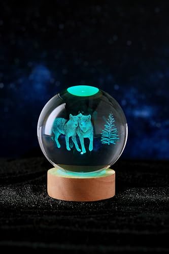3D Wolves Crystal Ball Lamp with Remote Control, 3.15 inch Wolf Crystal Night Light with Wooden Base 16 Colors Change, Wolf Glass Figurine Lamp Gift for Girls Boys Wife Girlfriend Mom (Wolves) - color: Wolves