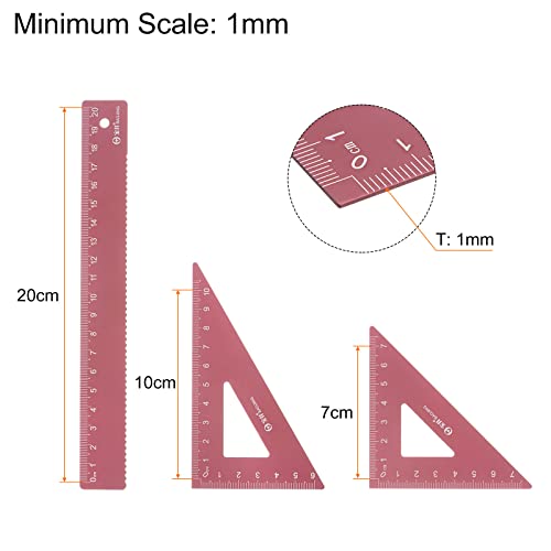HARFINGTON 2 Set 4pcs/Set Geometry Set 20cm Metric Measure Laser Engraving Aluminum Ruler Metal Ruler Set Triangle Protractor Ruler Tool Set for Classroom, Office, Home, Red