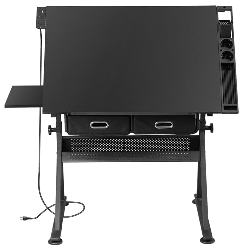 ZENY Adjustable Drafting Table with Stool Tilting Drawing Desk Artist Table - color: Black-with Outlet