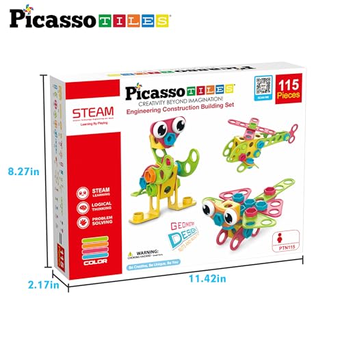 PicassoTiles 115 Piece Building Blocks Set Kids STEM Toy Construction Engineering Sensory Toys Kit Block Children Early Education Playset with FREE IdeaBook, Clickable Ratchet Age 3+ Boys Girls PTN115 - color: 115pcs Transformation