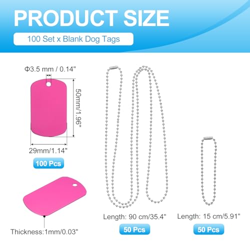 MECCANIXITY Blank Dog Tags Rectangle Blank Aluminum Blank Keychains Two Size Length Ball Steel Chains Metal Personalized Pet Tags with Hanging Hole for DIY Crafts Rose Red, 100 Set - color: Rose Red