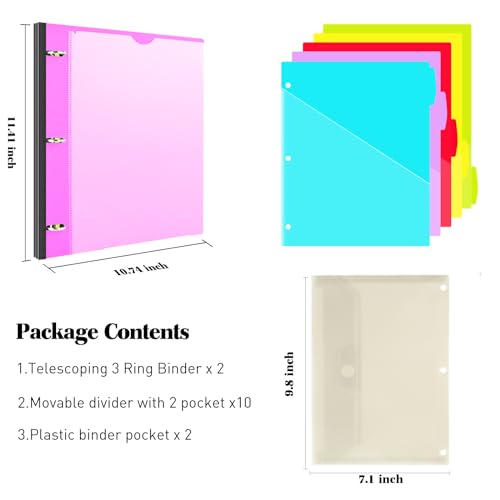 INFUN 1 Inch Telescoping Project Organizer Binder-2PCS,13 Pocket, Customizable Front Cover, 5 Colors Pocket Divider and Plastic Binder Pocket,225 Sheet Capacity-Pink - color: Pink, size: 2 PCS