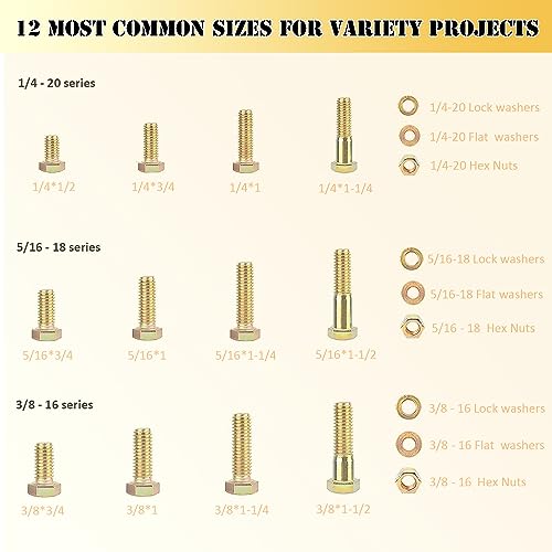 ZTF Bolts and Nuts Assortment Kit๏ผ1/4-20 5/16-18 3/8-16 SAE Nuts and Bolts - style: gold-1/4-20 5/16-18 3/8-16 Sae bolts