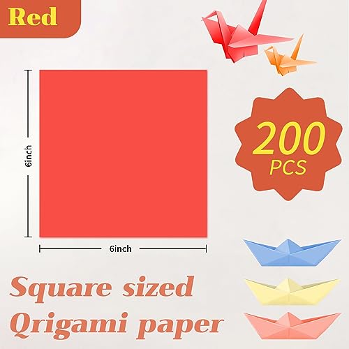 200 Sheets of Red Origami Paper,6x6 inch Double Sided Color, kit for kids,Colored Paper Kit Gifts for Beginners - color: 6x6 Red