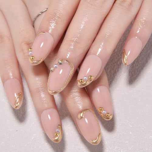 evpct 3D Gold Line French Tip Press on Nails Short Almond with Pearl Design - color: 24Pcs Glitter Gold Line+3D Pearl, size: Short Almond