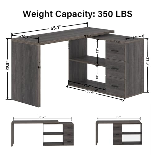 HSH 55-76 Inch Dark Grey L Shaped Desk,Corner Desk with Storage Drawers - color: Dark Gray