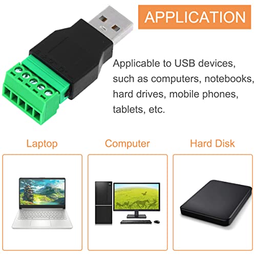 USB Type A Connector Screw Terminal Solderless 5 Way/Pin Block Adapter, USB 2.0 Repair Kit Male Female to Shield Terminals Pluggable Type Converter for USB Cable, 4 PCS