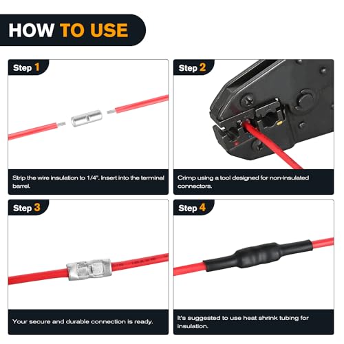 Nilight 100PCS Non Insulated Butt Connectors Kit AWG 24-8 Uninsulated Crimp Butt Connectors Pure Copper Tin Coated Crimp Terminals for Motorcycle Motorbike Car Truck Boats - color: 100PCS Butt Connectors