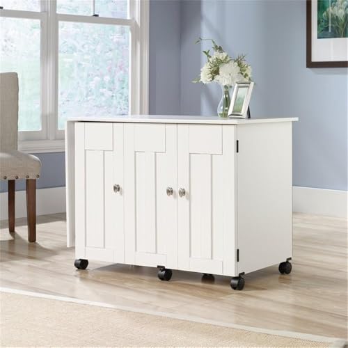 Sauder Folding SewingTable & Craft Cart Storage Cabinet, in Soft White - color: Soft White