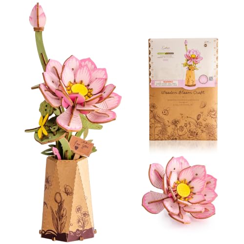3D Flower Wooden Puzzles for Adults - Pink Lotus, DIY Wooden Flowers Plants Model Kit Building Set Crafts for Adults to Build, Creative (101 PCS) - style: TW - Lotus