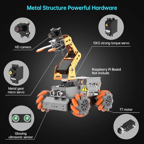 HIWONDER 5DOF AI Vision Robotic Arm Powered by Raspberry Pi Smart Robotic Arm Mecanum Wheel Chassis Robot Car Kit DIY Robot for Beginners, Without RPi