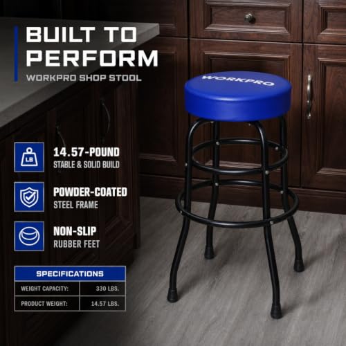 WORKPRO Heavy-Duty Garage Shop Stool, Swivel Cushion Seat, Steel Frame