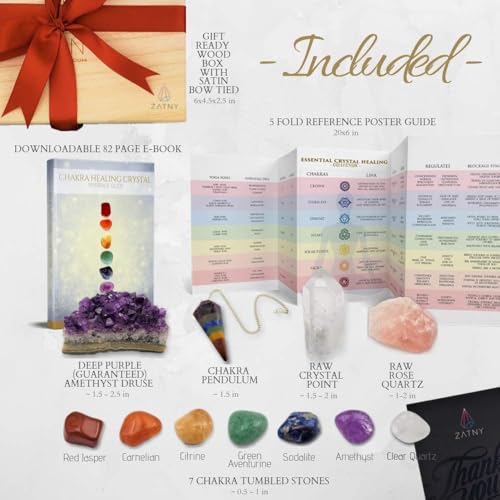 Crystals and Healing Stones Premium Kit Wooden Box - Chakra Stones Healing Crystals Set, Rose Quartz, Amethyst Cluster, Quartz Points, Chakra Pendulum (A Essential Chakra Collection) - color: A Essential Chakra Collection