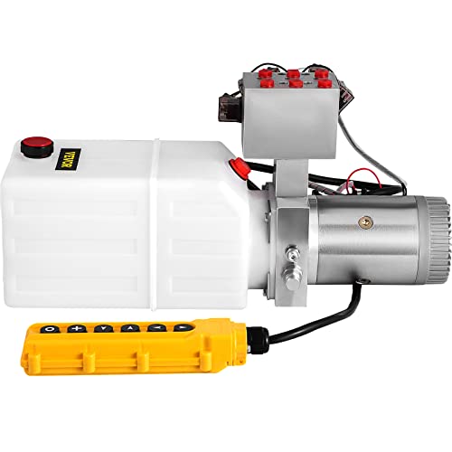 VEVOR Hydraulic Power Unit 6 Quart 6 Way Hydraulic Pump Double Acting Hydraulic Power Unit 12V DC Dump Trailer Car Remote with Plastic Oil Reservoir (Plastic, Double Acting)