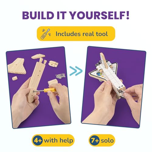 DIY Build Your Own Space Shuttle Toy Model - Wooden Kit w/Stickers - Kids Wood Building Kit for Boys & Girls - Toy Spaceship Stem Toys for Ages 4-10 - Wood Crafts for Kids - STEM Woodworking Kits - size: Space Shuttle