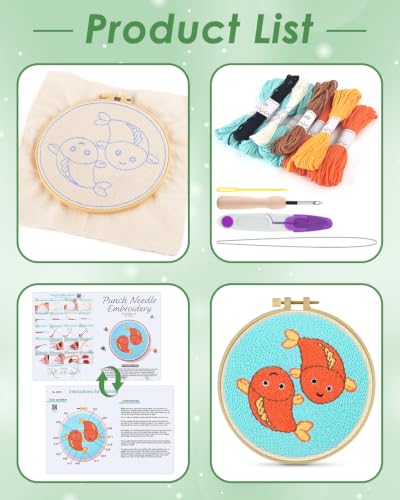 ERKOON Punch Needle Kit Beginners Adults, Zodiac Easy Embroidery Set for Starter Art Craft, Needling Punching Project with Patterns, Tools, Yarns, Hoop, Instruction (Pisces) - color: Pisces