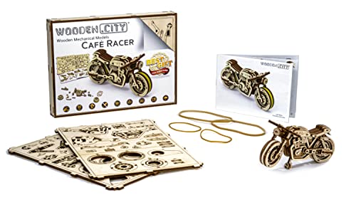 WOODEN.CITY Cafe Racer DIY 3D Wooden Motorcycle Puzzle Kit – Cafe Racer 1:16 Scale Mechanical Model with Rubber-Band Motor, 85 Pieces Woodcraft Motorcycle Kit for Adults – Build, Display & Collect