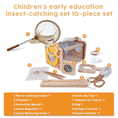 Wooden Insect Observation Kit for Kids,10Pcs Outdoor Nature Explorer Set, Insect Habitat Cage,Butterfly Net,Magnifying Glass,Compass STEM Education Toy, Birthday Backyard Gift for 3+ Boys & Girls