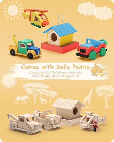 SainSmart Jr. Woodworking Building Kits for Kids with Birdhouse, 4-in-1 Kids STEM Projects Set, DIY Wood Crafts Assembly Toys with Paints & Brushes for Boys and Girls