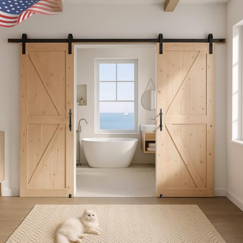 S&Z TOPHAND® 36in x 84in Unfinished British Brace Knotty Barn Door with Sliding Hardware Kit/Solid Wood/Sliding Door/Double Surfaces/A Simple Assembly is Required - size: 36x84in